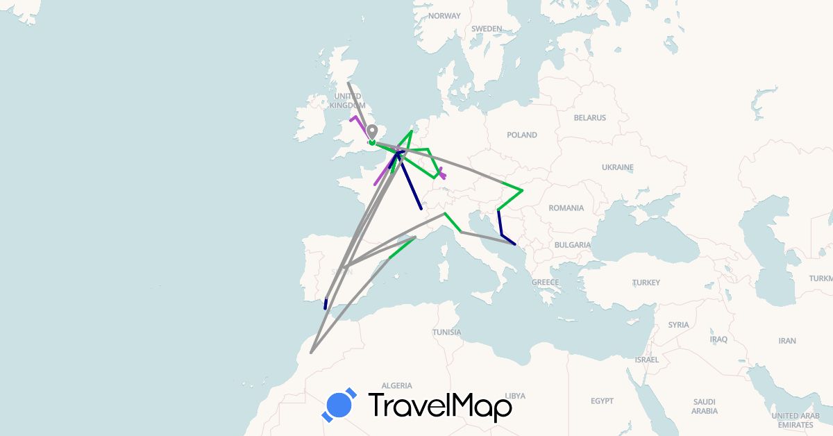 TravelMap itinerary: driving, bus, plane, train in Austria, Belgium, Germany, Spain, France, United Kingdom, Croatia, Hungary, Italy, Morocco, Netherlands (Africa, Europe)